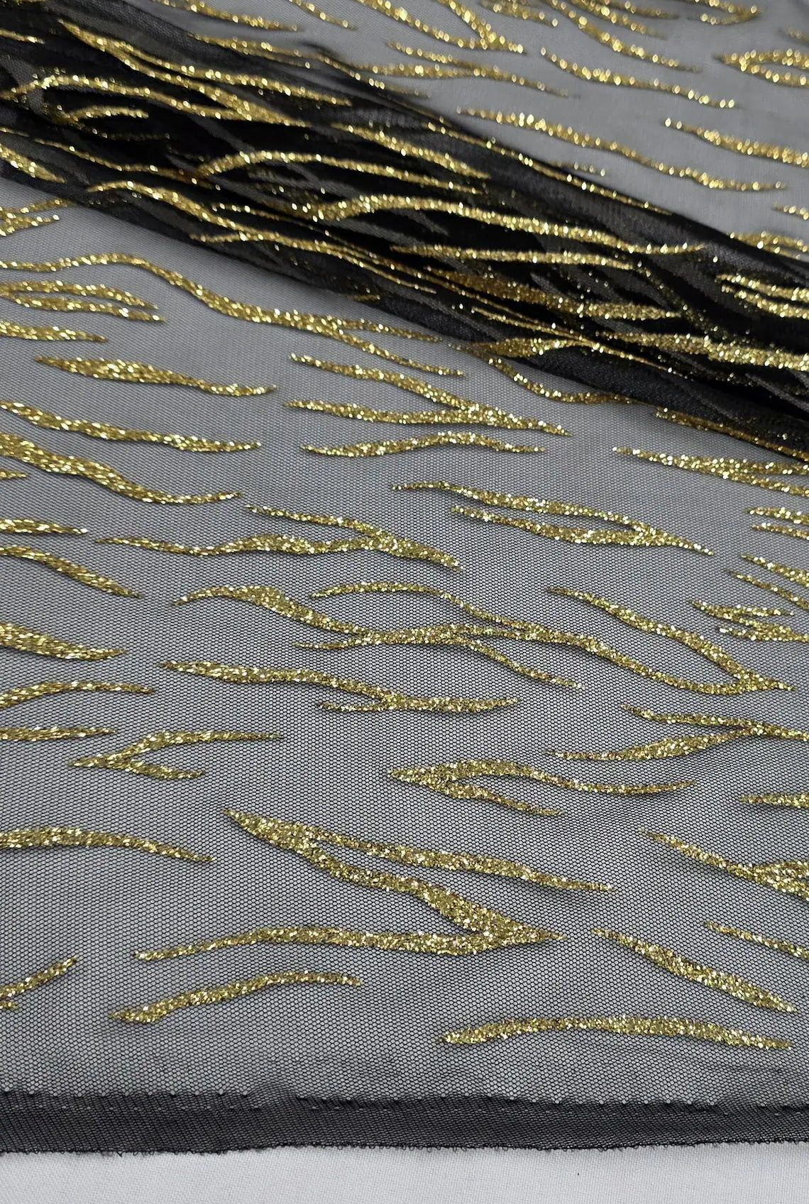 ML175 - Black Gold Fabric by Yard – 60" Wide Glitter Stripe Lace for Dancewear, Gowns, Tablecloth, Party Decor